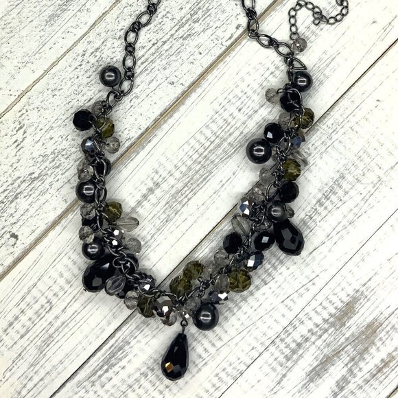 Beaded Fringe Necklace Silver Tone Black Adjusted Length - Picture 3 of 3